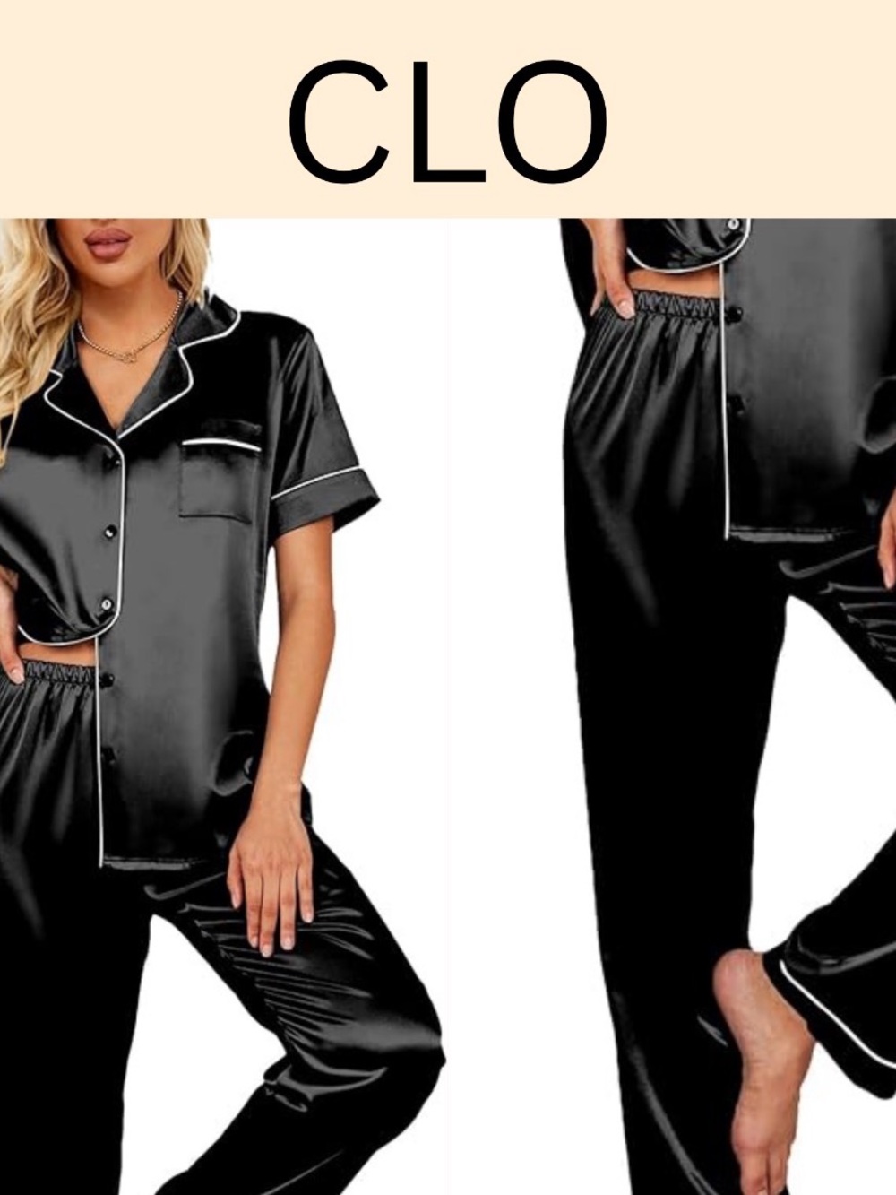 Amazon Women's Black Satin Pajama Set with White Piping